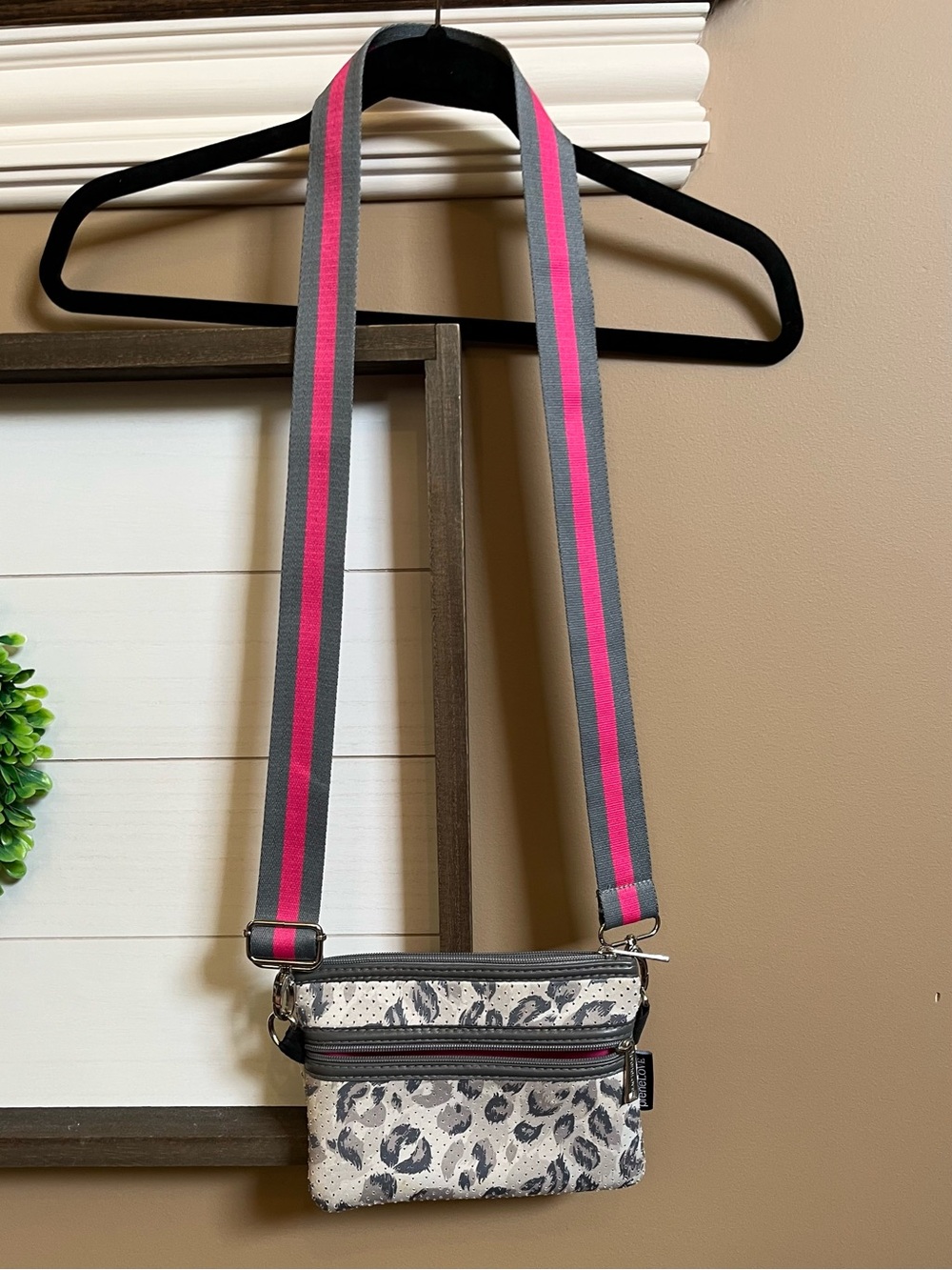 Crossbody Mini Bag with Pink & Gray Striped Strap